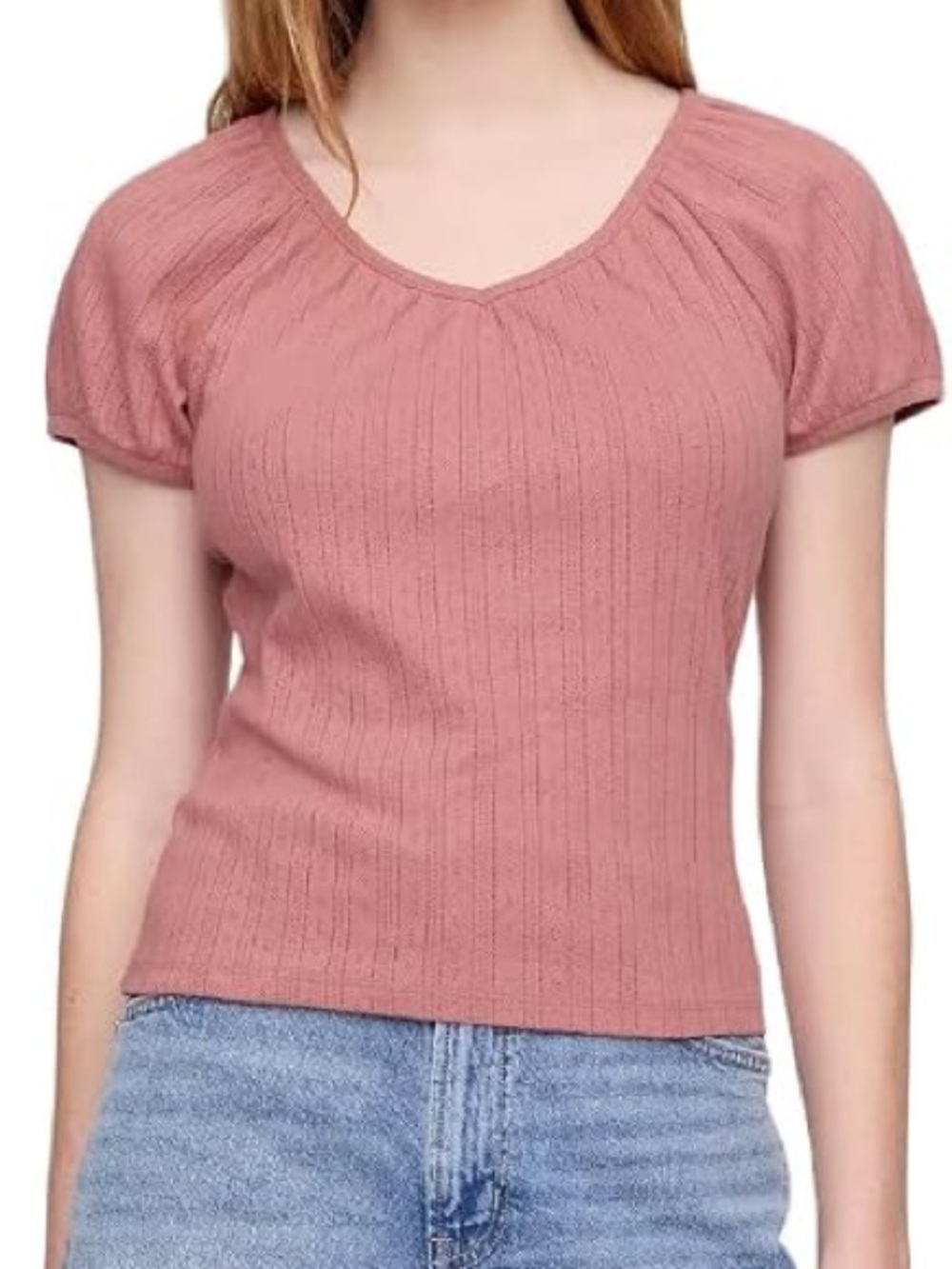 Gap Factory 
Pointelle Puff Sleeve Top in Nude/Salmon
100% Cotton
